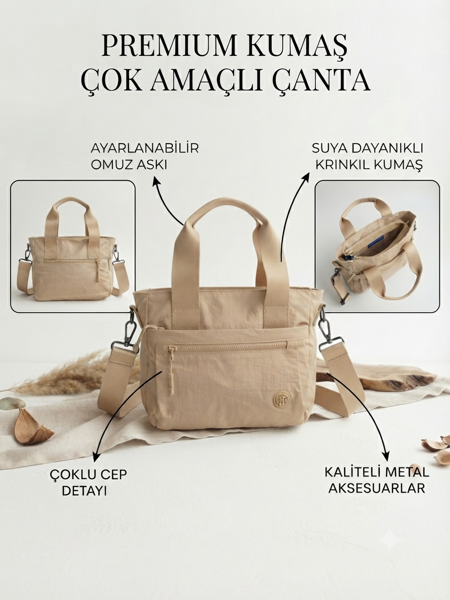 Kadın Yumuşak İthal Soft Klinkır Kumaş El Omuz Askılı Çok Gözlü Orta Boy Çanta 27*22