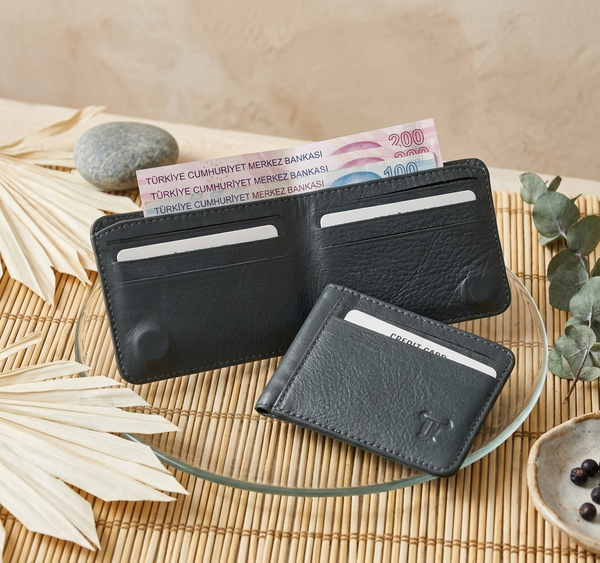Toro Nero %100 Hakiki Deri Unisex Mıknatıs Kapamalı Kredi Kartık Ve Cüzdan - Gri