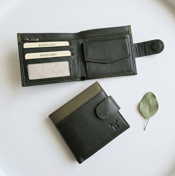 Toro Nero %100 Hakiki Deri Bozuk Paralı Fermuarlı Erkek Cüzdan - Haki