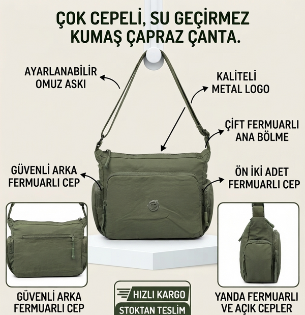 Kadın Klinkır %100 Vegan Yumuşak Su Geçirmez Kumaş İthal Omuz Askılı Çapraz Çanta - Haki
