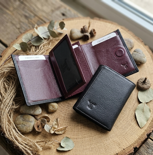 Toro Nero %100 Hakiki Deri Katlanır Minimalist Küçük Boy Mıktanıs Kapamalı Erkek Cüzdan - Siyah / Bordo